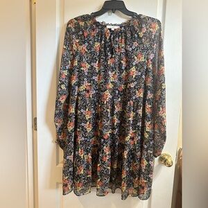 LOFT XL Swing Dress Navy Blue Floral Tiered Tied Neck Long Sleeve Ruffle